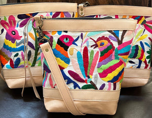 LIMITED EDITION Medium Tote Otomi Birds Mexican Multi-Color Hand Embroidery Natural Leather Cowhide Tote Bag + Adjustable Shoulder Tote Crossbody Strap