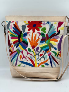 LIMITED EDITION Medium Tote Otomi Birds Mexican Multi-Color Hand Embroidery Natural Leather Cowhide Tote Bag + Adjustable Shoulder Tote Crossbody Strap