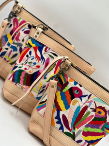 LIMITED EDITION Medium Crossbody Otomi Mexican Multi-Color Embroidery Natural Cowhide Leather Bag + pocket, Adjustable strap — Jackson Place Collection