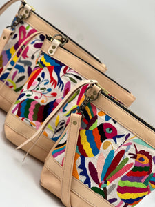 LIMITED EDITION Medium Crossbody Otomi Mexican Multi-Color Embroidery On Natural Leather Bag + pocket & adjustable strap — Jackson Place Collection