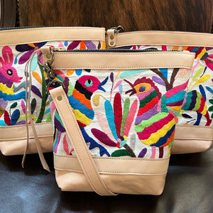 LIMITED EDITION Medium Crossbody Otomi Mexican Multi-Color Embroidery Natural Cowhide Leather Bag + pocket, Adjustable strap — Jackson Place Collection