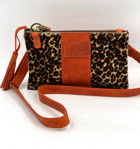 Medium Hair-on-Hide Cheetah and Orange Tan Leather Flat Crossbody