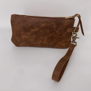 Light Brown Camo Waxed Canvas Leather Wristlet / Clutch Bag