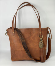 Load image into Gallery viewer, Large Carmel Leather Tote with Brindle Hair-on-Hide Bag Strap