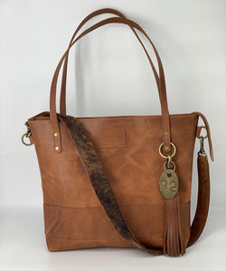 Large Carmel Leather Tote with Brindle Hair-on-Hide Bag Strap