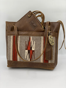 The Taos Collection Large Brown Leather Tote Bag with Handwoven Outside Pocket