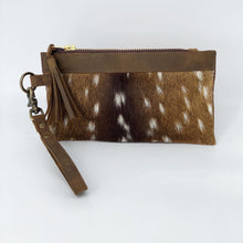 Load image into Gallery viewer, Banded Top Trim Axis Deer Hair-on-Hide Leather Clutch / Wristlet Flat Bag
