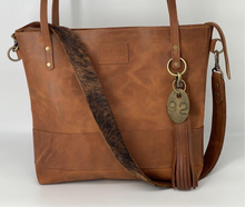 Load image into Gallery viewer, Large Carmel Leather Tote with Brindle Hair-on-Hide Bag Strap