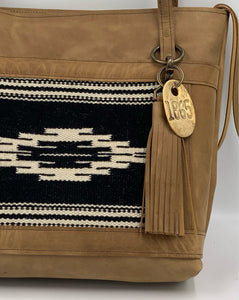 The Taos Collection Large Tan Brown Leather Tote Bag with Black & White Handwoven Outside Pocket