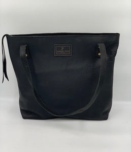 The Taos Collection Large Black Leather Tote Bag with Handwoven Outside Pocket