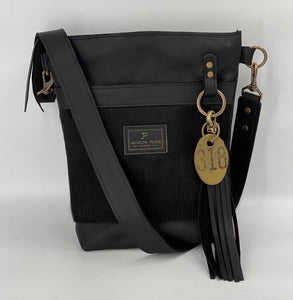 Black Hair-on-Hide Small Leather Bucket Bag