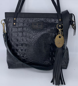 Large Black Croc Embossed Leather Tote Bag