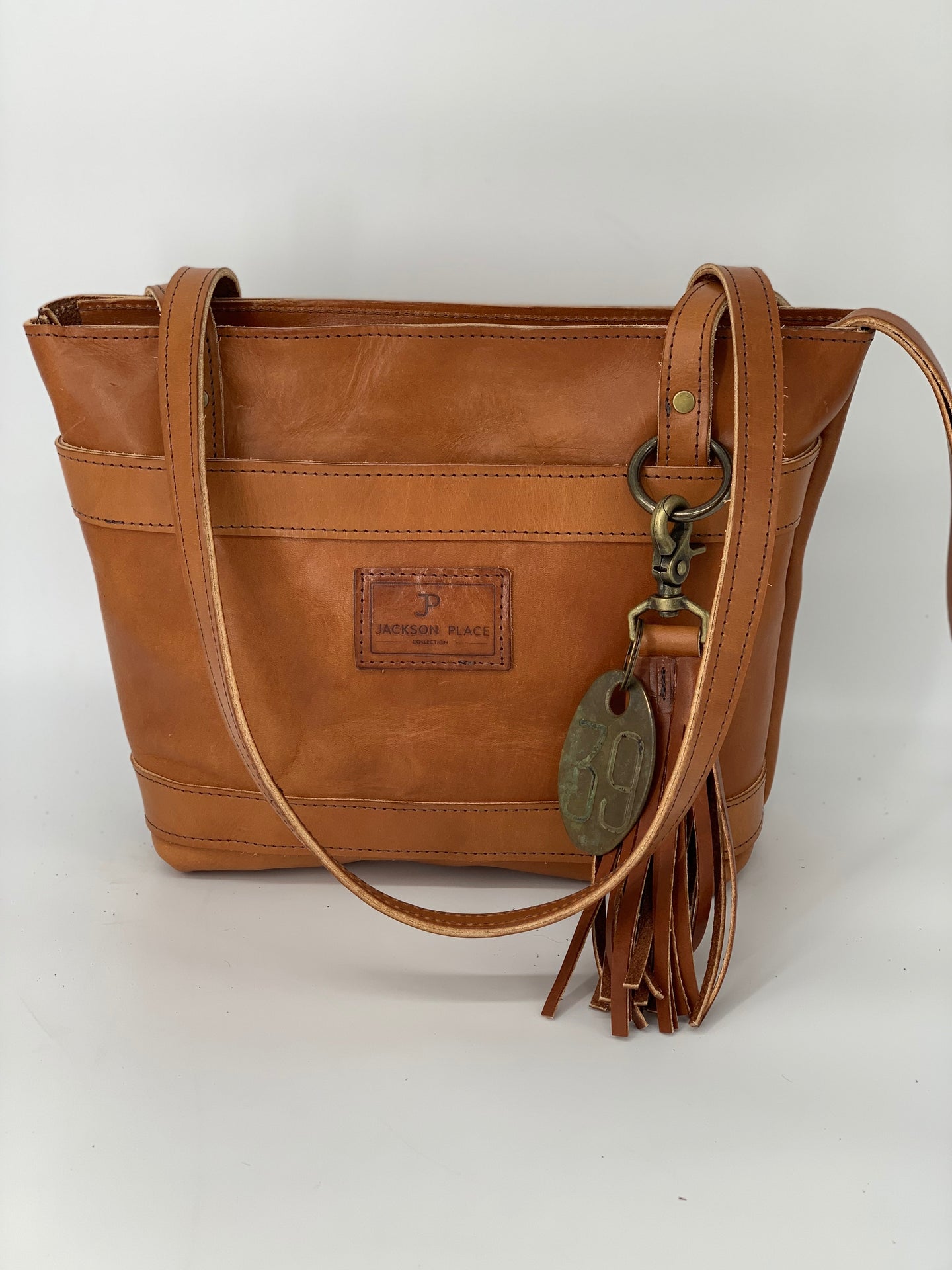 Medium Buck Brown Leather Tote Bag with Front Pocket