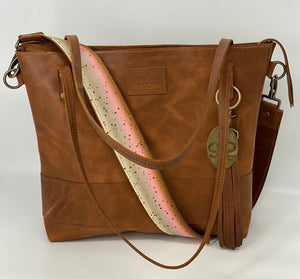 Large Carmel Leather Tote Bag with Trout