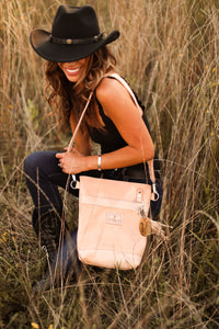 Natural Small Leather Bucket Bag with Front Pocket