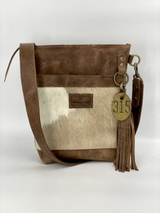 Blonde Palomino Hair-on-Hide & Gray/Brown Small Leather Bucket Bag