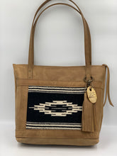 Load image into Gallery viewer, The Taos Collection Large Tan Brown Leather Tote Bag with Black &amp; White Handwoven Outside Pocket
