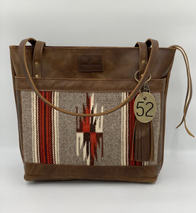 The Taos Collection Large Brown Leather Tote Bag with Handwoven Outside Pocket