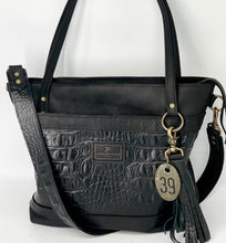 Load image into Gallery viewer, Large Black Embossed Leather Tote Bag with Outside Front Pocket