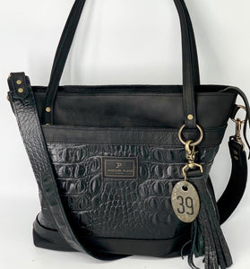 Large Black Embossed Leather Tote Bag with Outside Front Pocket