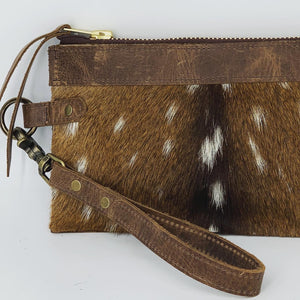 Banded Top Trim Axis Deer Hair-on-Hide Leather Clutch / Wristlet Flat Bag