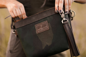 Small Camo Waxed Canvas & Brown Leather Crossbody Tote Bag