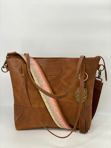 Large Carmel Leather Tote Bag with Trout