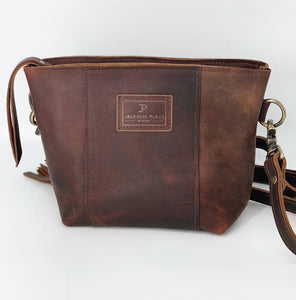 Brown Embossed Small Leather Crossbody Tote Bag