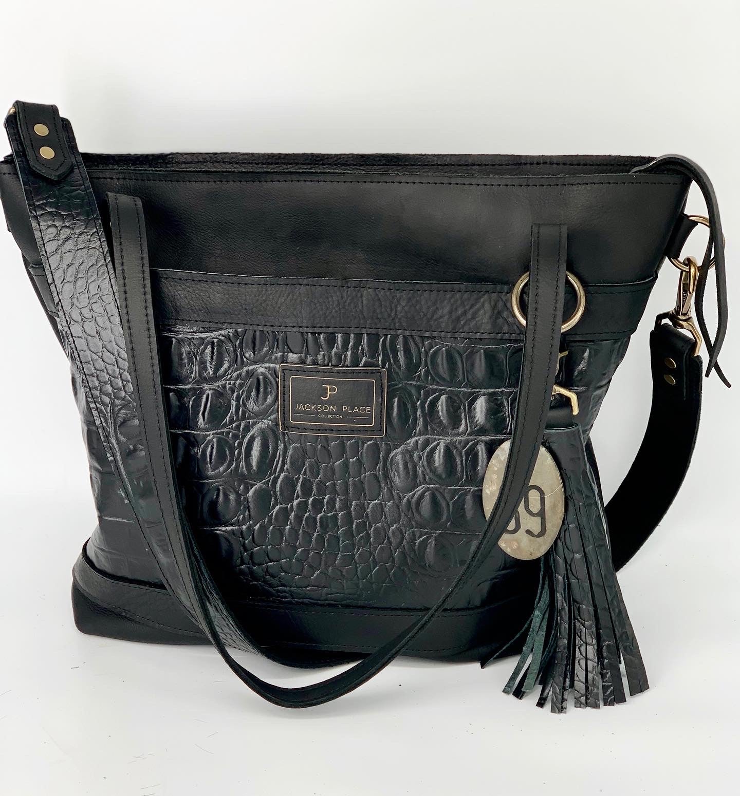 Large Black Embossed Leather Tote Bag with Outside Front Pocket