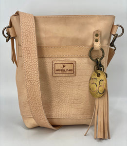 Natural Small Leather Bucket Bag with Front Pocket