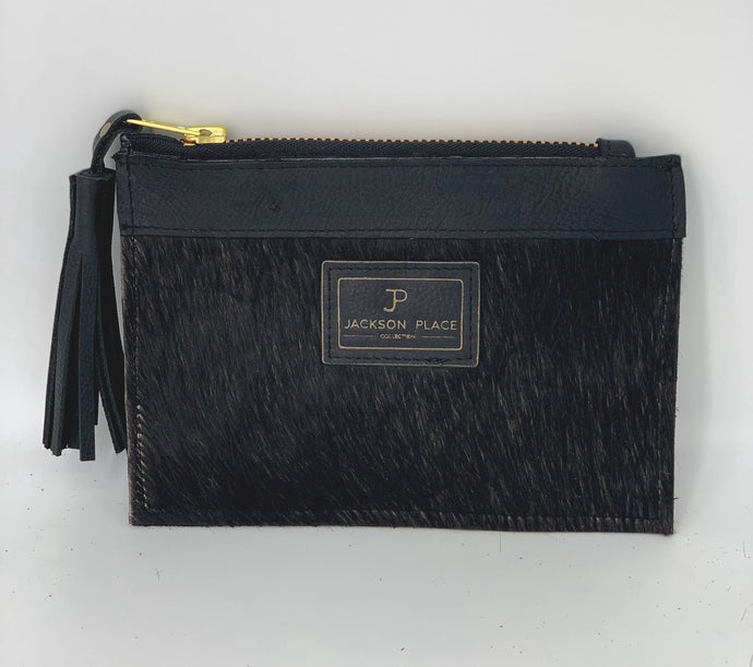 Mini Black Hair-on-Hide Leather Flat Pouch Bag