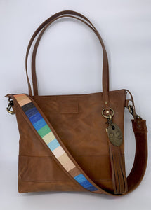 Large Brown Leather Tote Bag with Blue Stripe
