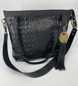 Large Black Croc Embossed Leather Tote Bag