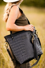 Load image into Gallery viewer, Large Black Croc Embossed Leather Tote Bag