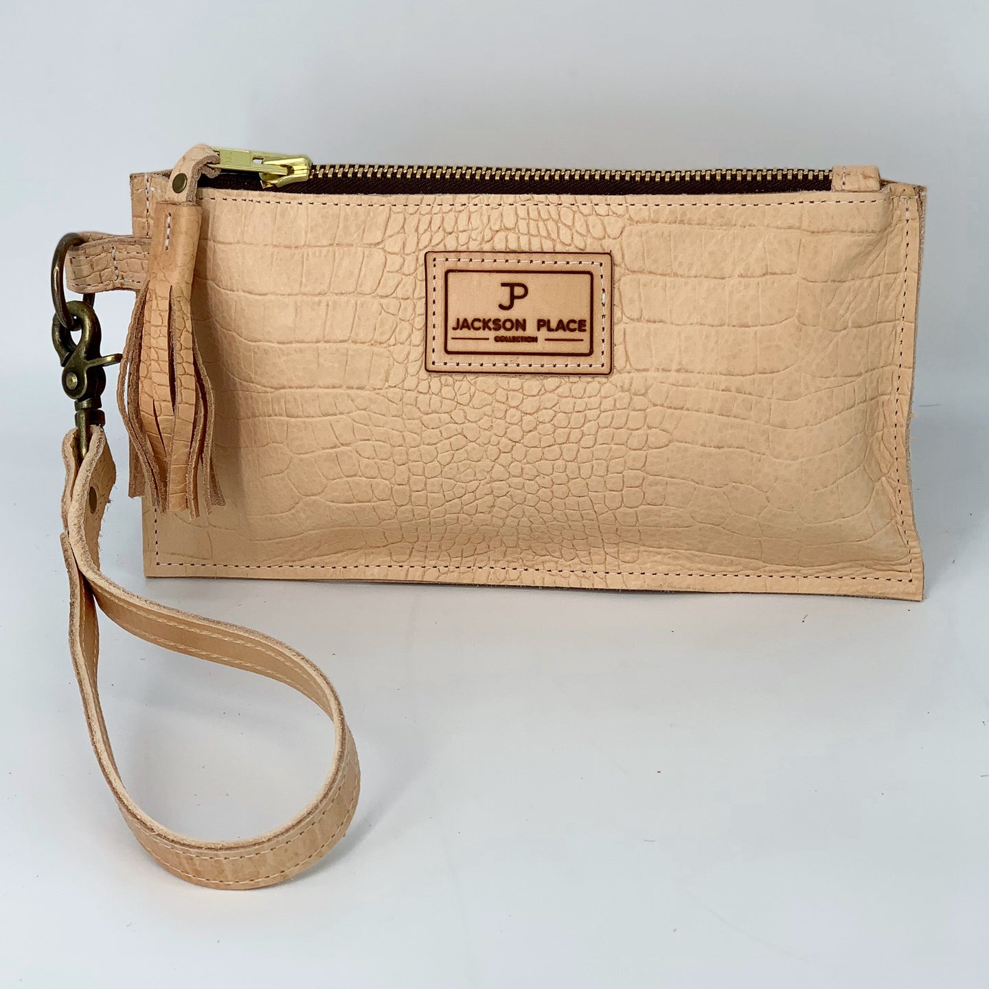 Natural Embossed Leather Flat Clutch / Wristlet