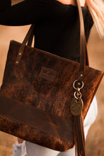 Load image into Gallery viewer, Large Brindle Cowhide Hair-On-Hide &amp; Brown Leather Tote Bag