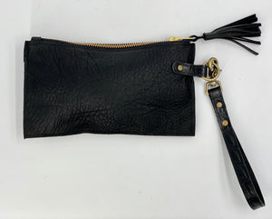 Black Embossed Leather Flat Clutch / Wristlet Bag