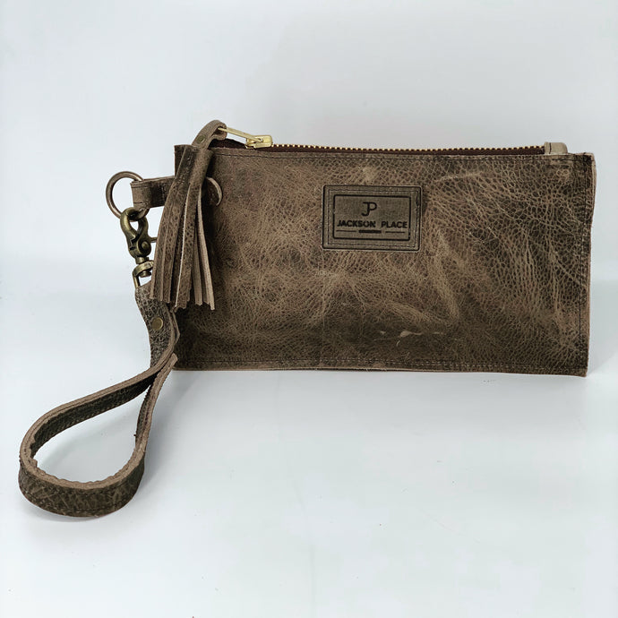 Gray-Brown Leather Clutch / Wristlet Flat Bag