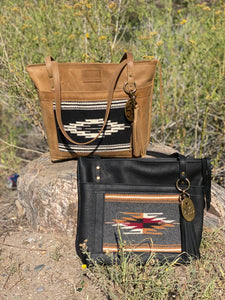 The Taos Collection Large Black Leather Tote Bag with Handwoven Outside Pocket
