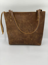 Load image into Gallery viewer, The Taos Collection Large Brown Leather Tote Bag with Handwoven Outside Pocket