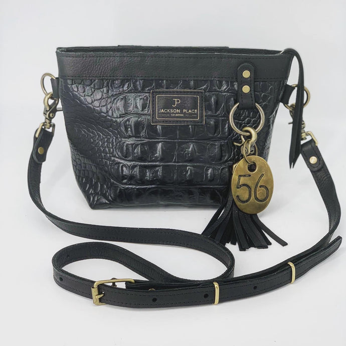 Black Embossed Small Leather Crossbody Tote Bag