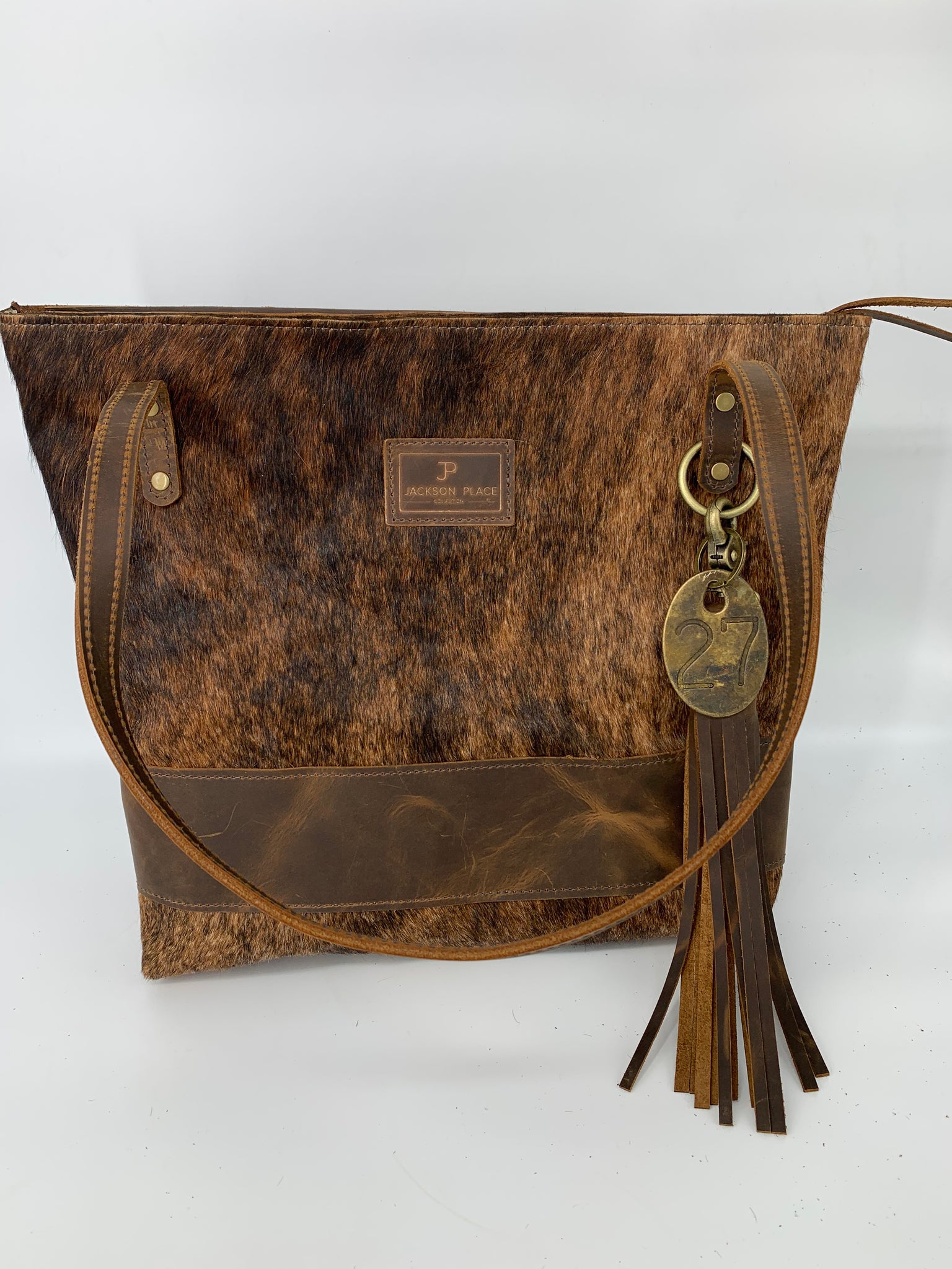 Large Carmel Leather Tote with Brindle Hair-on-Hide Bag Strap