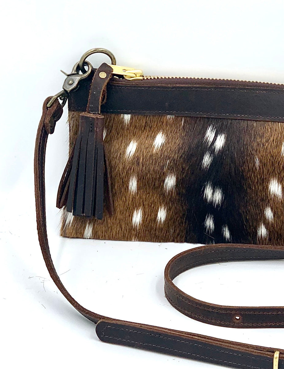 Banded Axis Deer Hair-on-Hide Leather Crossbody / Clutch Flat Bag ...