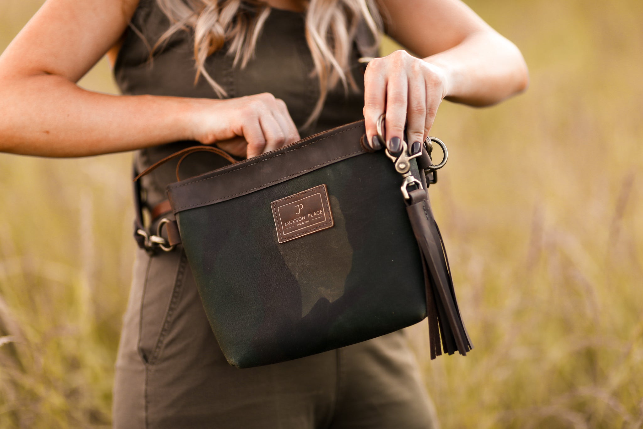Small Camo Waxed Canvas & Brown Leather Crossbody Tote Bag – Jackson Place  Collection