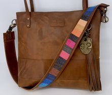 Load image into Gallery viewer, Large Brown Leather Tote Bag with Blue Stripe