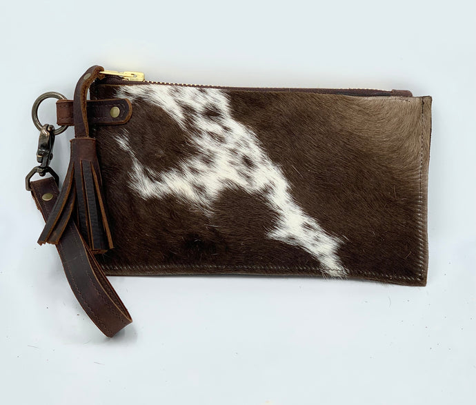 Brown & White Spotted Cowhide Hair-on-Hide Leather Flat Clutch / Wristlet