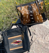 Load image into Gallery viewer, The Taos Collection Large Black Leather Tote Bag with Handwoven Outside Pocket