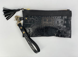 Black Embossed Leather Flat Clutch / Wristlet Bag