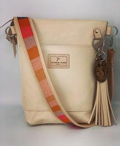 Small Natural Leather Bucket Bag with Red Stripe